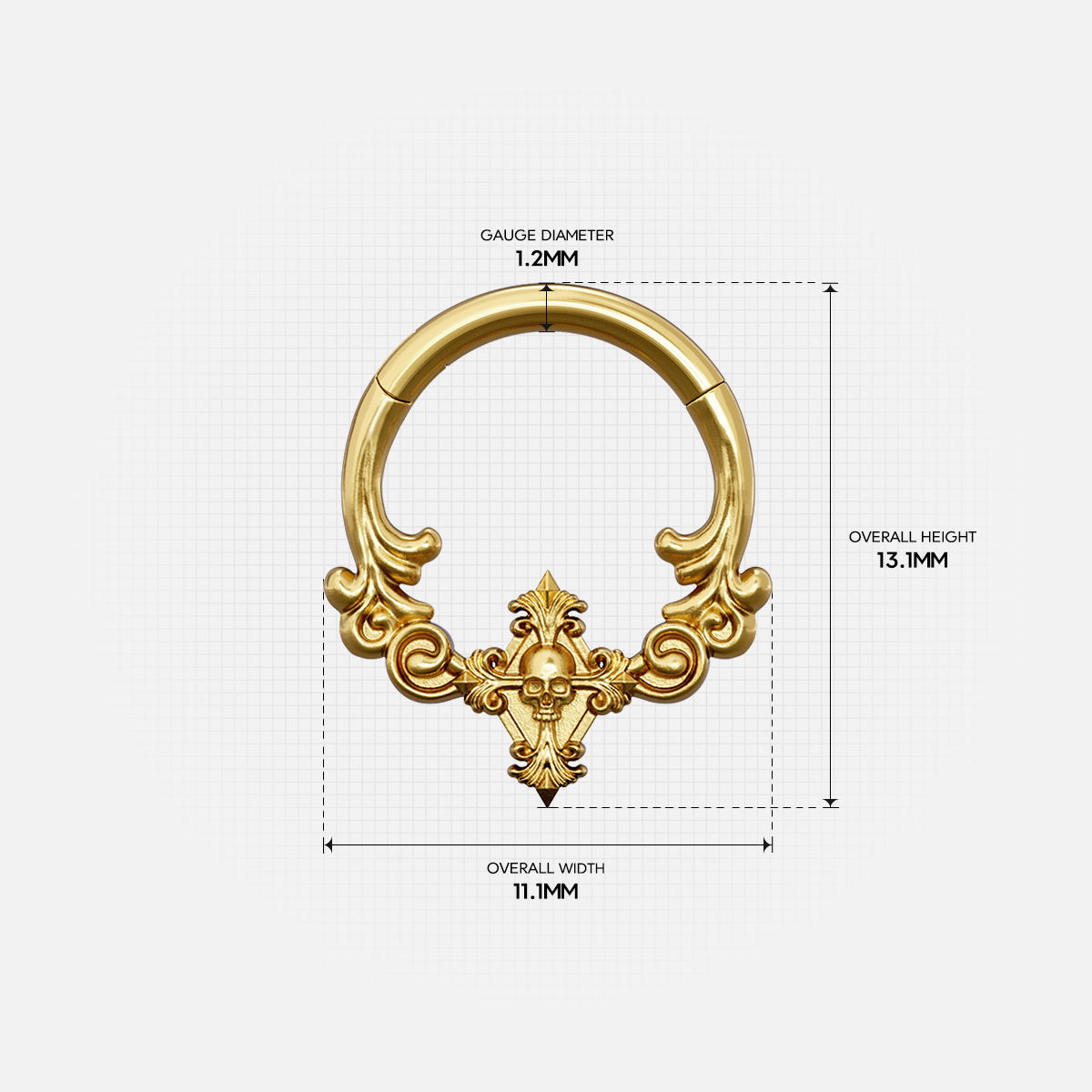 Gold Classical Phantasm clicker with scrollwork and measurement details