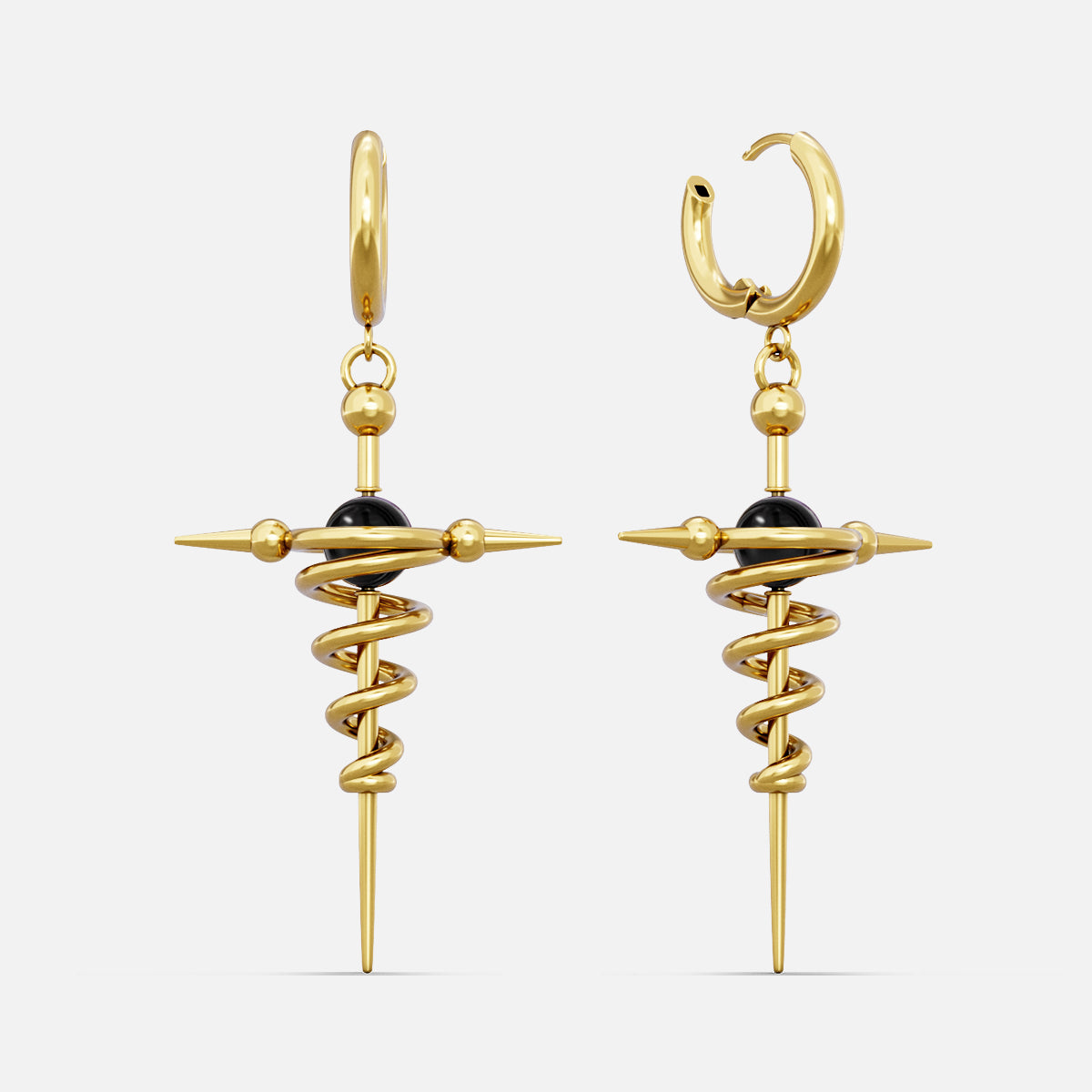 Gold-tone cosmic flow earrings with a spiral spike form and a black bead center, shown as a pair