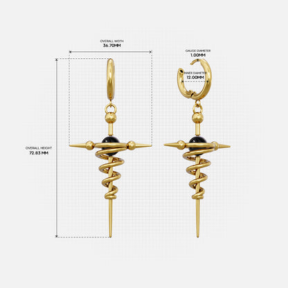 Gold Cosmic Flow hoop earring with spiral pointed pendant and dimensions