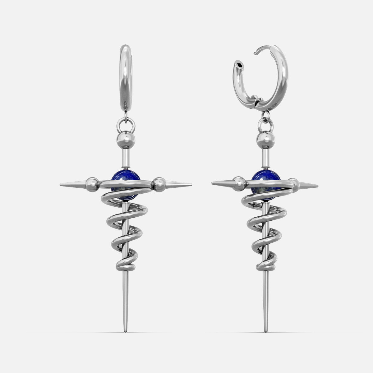 Silver-tone cosmic flow earrings with a spiral spike design and a blue bead center, shown as a pair