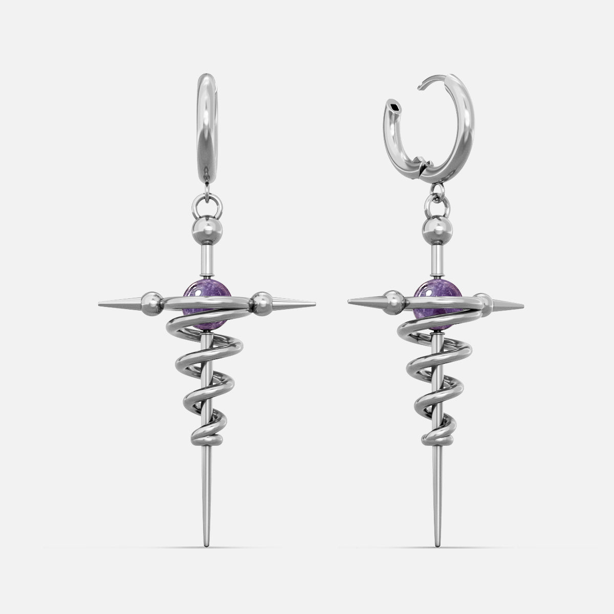 Silver-tone cosmic flow earrings featuring a coiled spike and a purple bead accent, shown as a pair