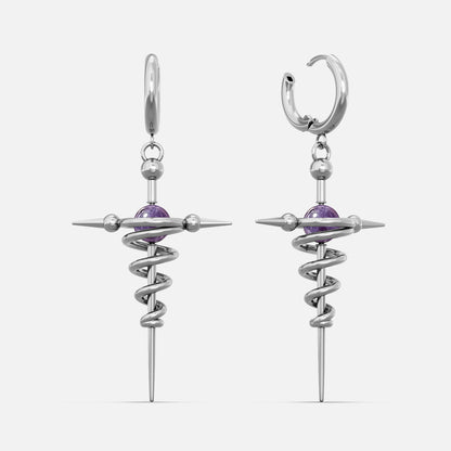 Silver-tone cosmic flow earrings featuring a coiled spike and a purple bead accent, shown as a pair