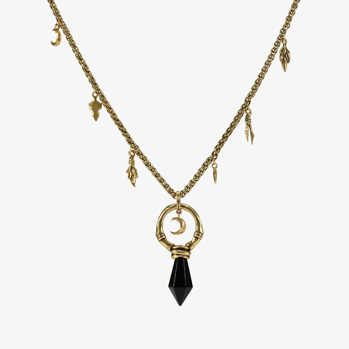 Crescent Ward Necklace in 18K gold plating with black obsidian spike pendant and crescent moon detail