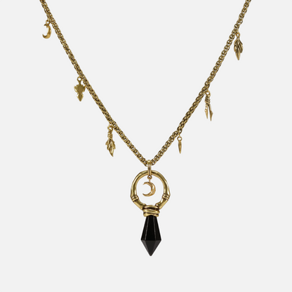 Crescent Ward Necklace in 18K gold plating with black obsidian spike pendant and crescent moon detail