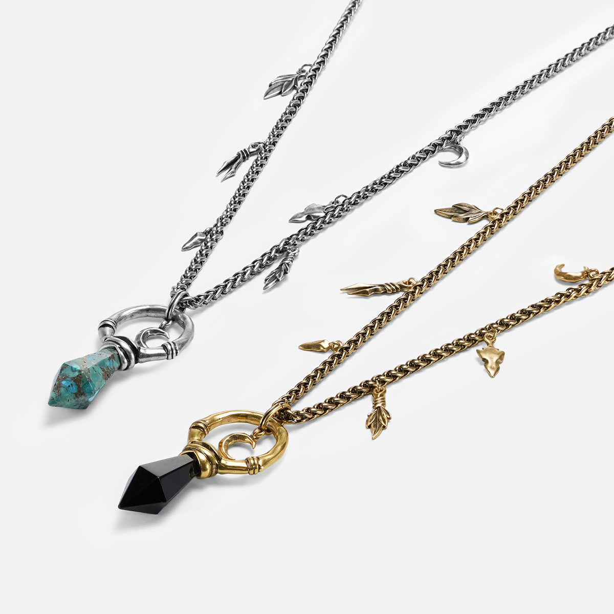 Crescent Ward Necklace shown in silver and 18K gold plating with turquoise and obsidian pendant options