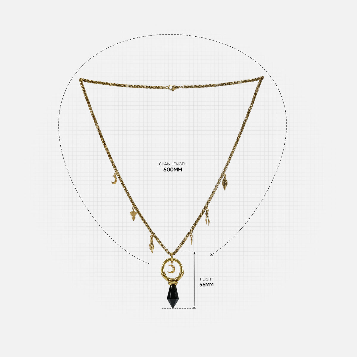Crescent Ward Necklace size guide showing chain length and pendant proportions