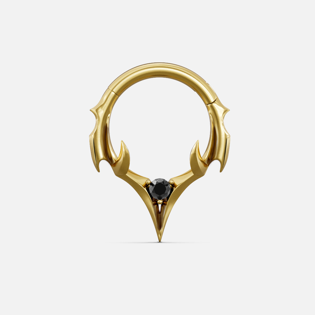 Gold-tone septum clicker ring with spiked crest design and a black center gemstone, front view