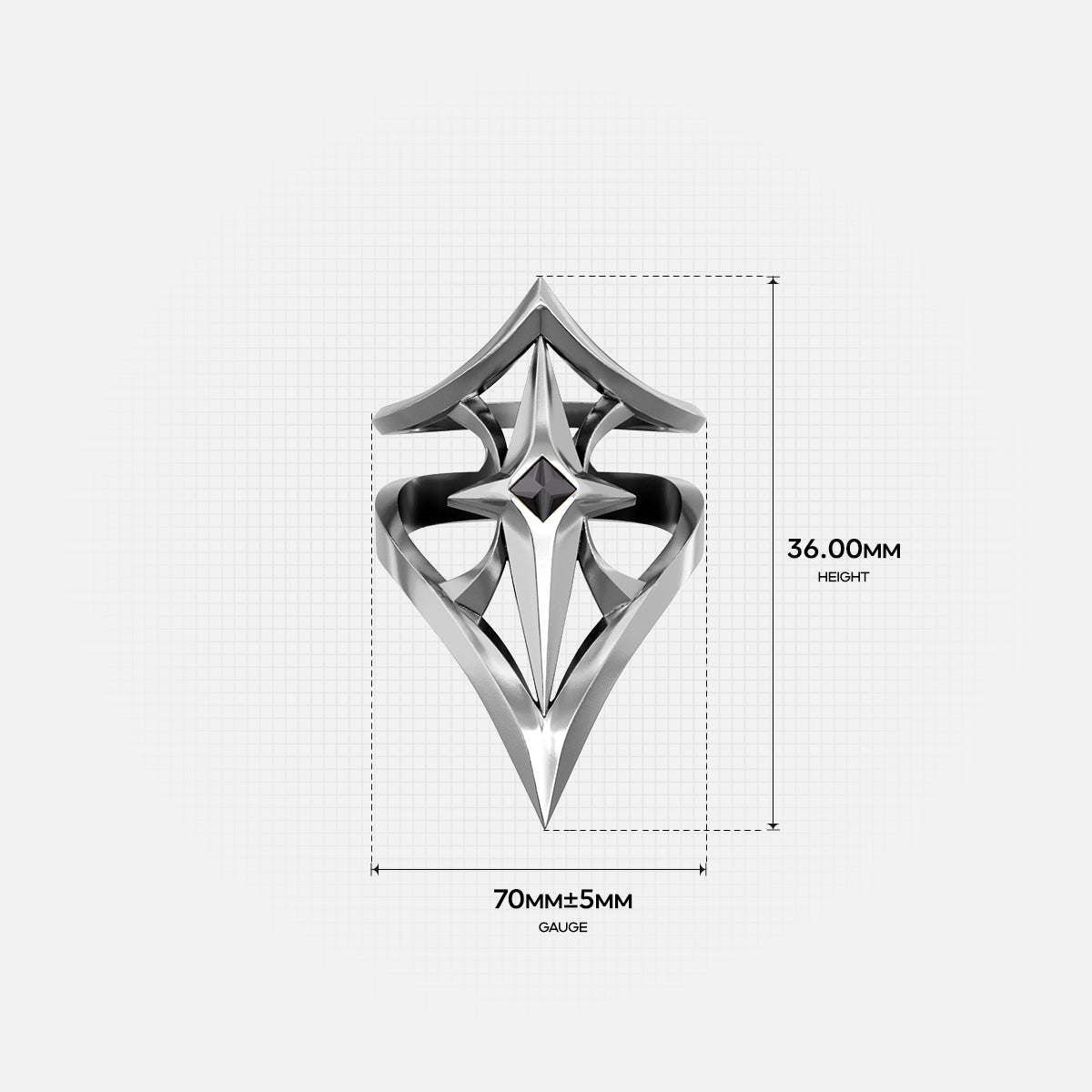 Silver-tone Crest Shield ring dimension guide showing the height and width of its geometric face