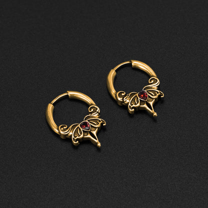Pair of gold Crimson Wing hoop earrings with red center accents