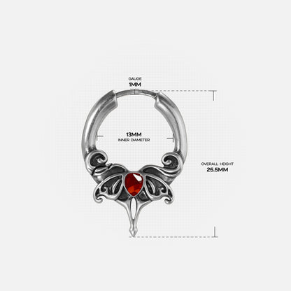 Silver Crimson Wing hoop earring with red center accent and measurement details