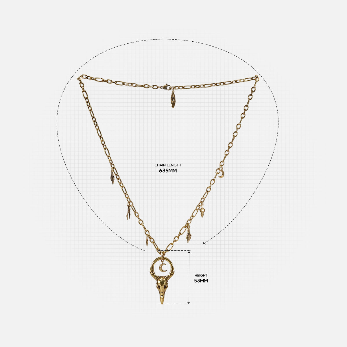 Crow Ward Necklace size guide showing pendant length and chain proportions