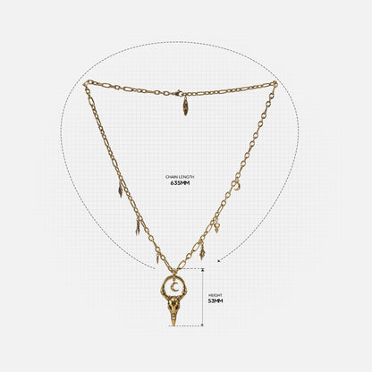 Crow Ward Necklace size guide showing pendant length and chain proportions