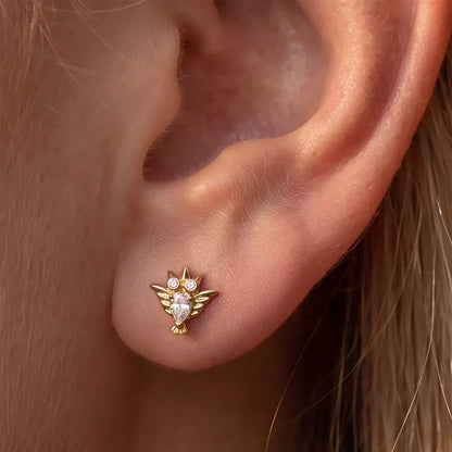 Gold with clear cubic zirconia crystal owl titanium flatback stud, product view 2 – PUNKYOUTH