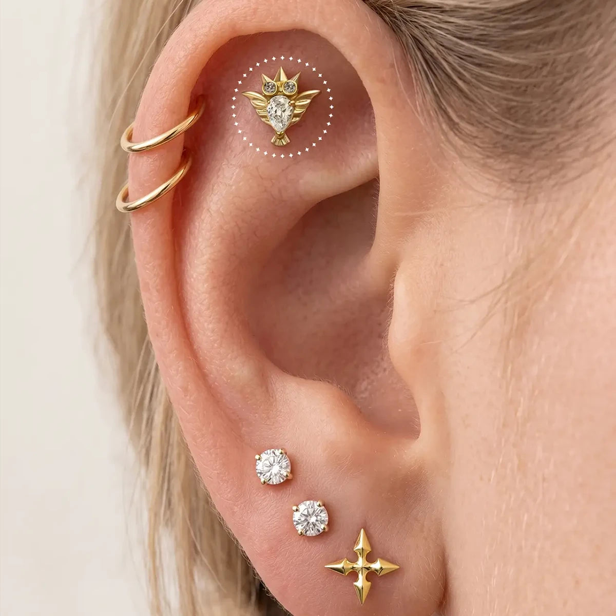 Gold with clear cubic zirconia crystal owl titanium flatback stud, product view 3 – PUNKYOUTH