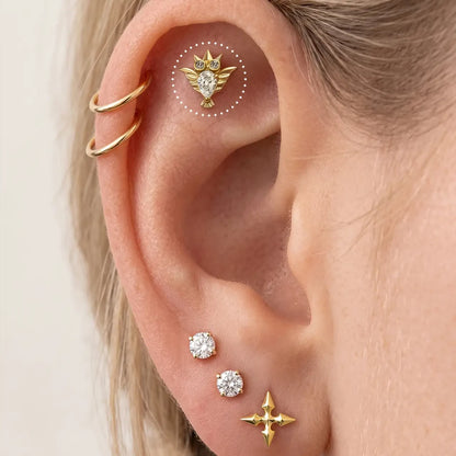 Gold with clear cubic zirconia crystal owl titanium flatback stud, product view 3 – PUNKYOUTH