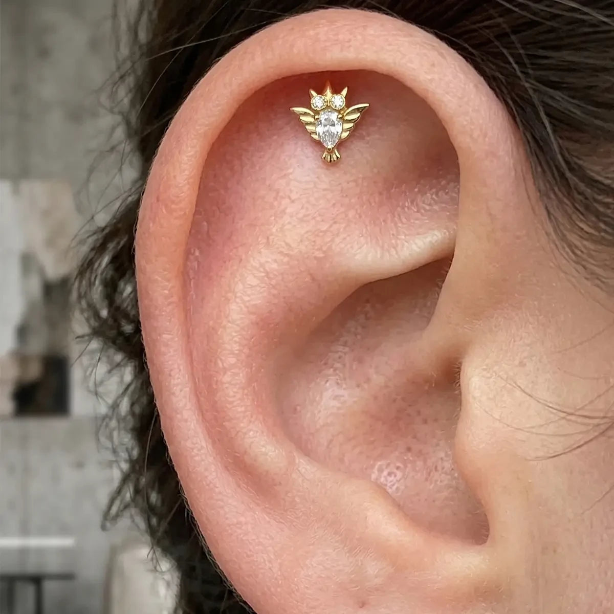Gold with clear cubic zirconia crystal owl titanium flatback stud, product view 5 – PUNKYOUTH