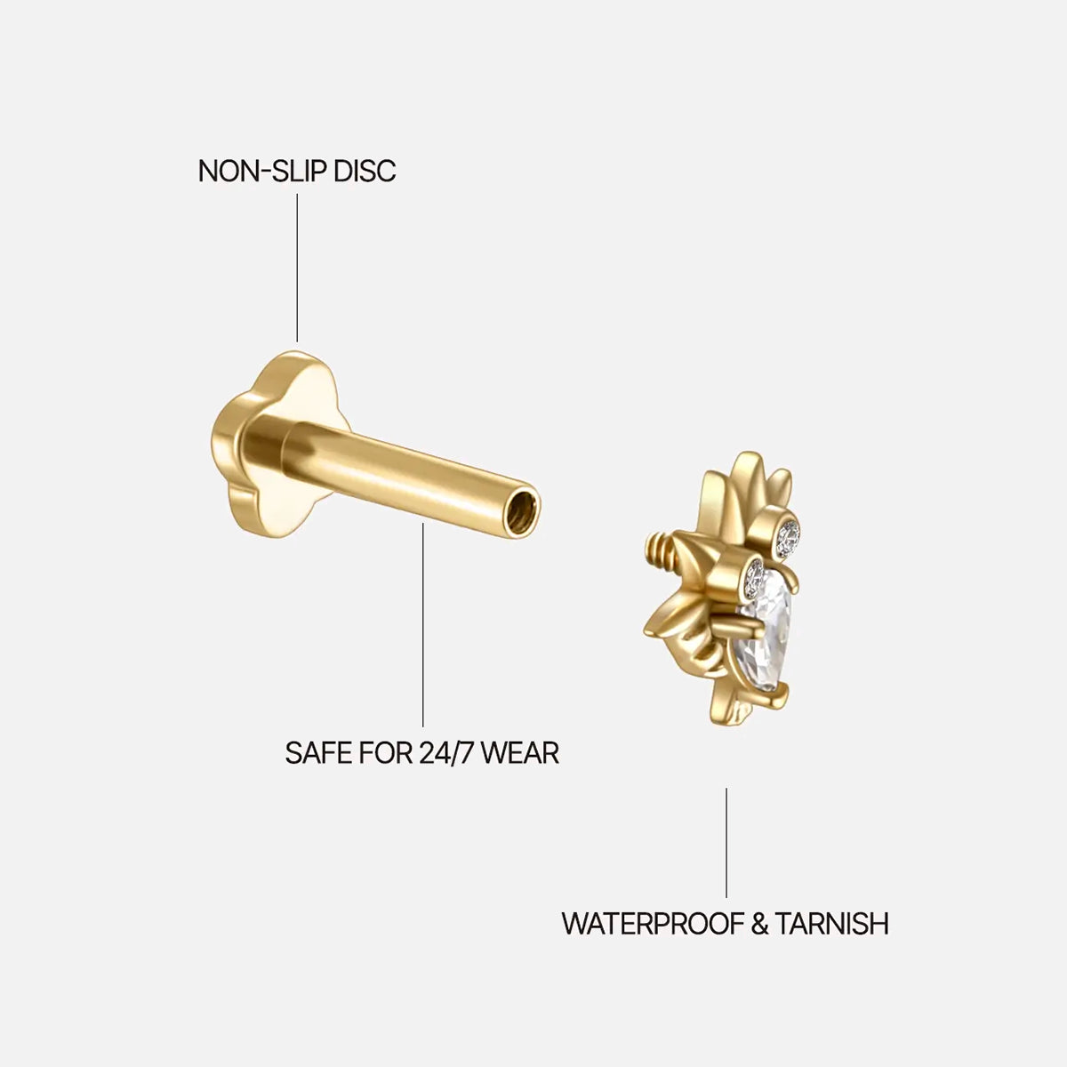 Gold with clear cubic zirconia crystal owl titanium flatback stud, product view 8 – PUNKYOUTH