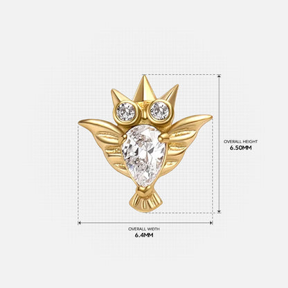 Gold with clear cubic zirconia crystal owl titanium flatback stud, product view 9 – PUNKYOUTH