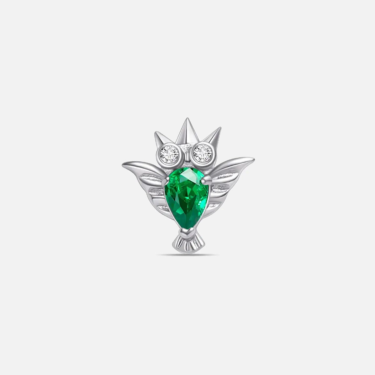 Silver with green cubic zirconia crystal owl titanium flatback stud, product view 1 – PUNKYOUTH