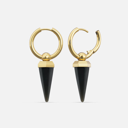 Gold-tone hoop earrings with black spike drops displayed side by side