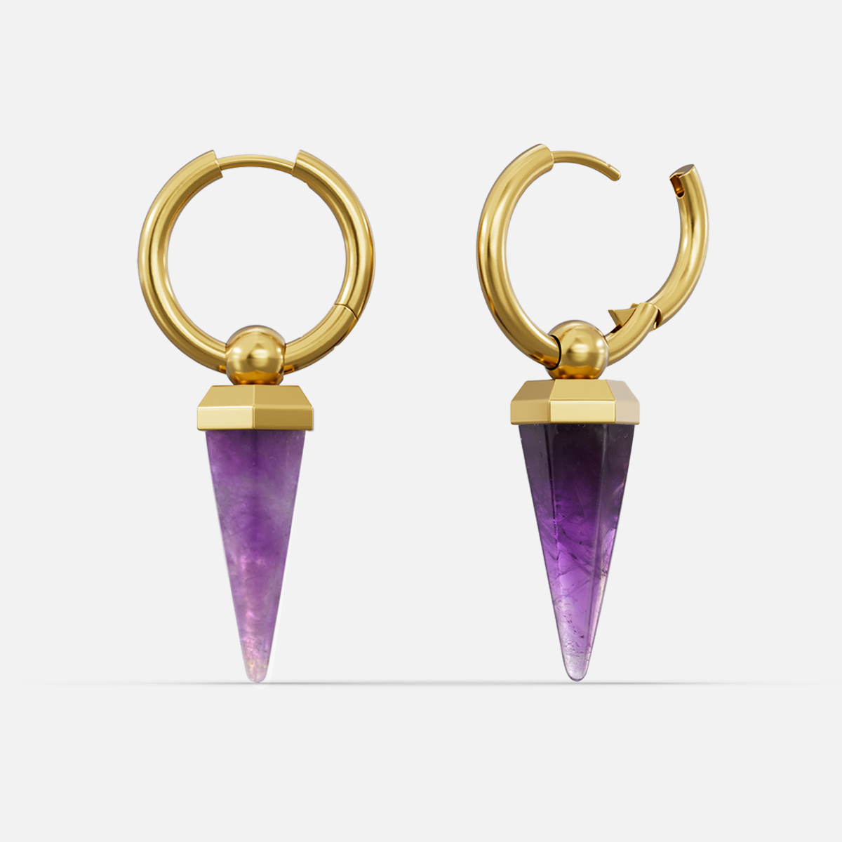 Pair of gold-tone Crystal Prismatic hoop earrings shown closed and open with purple crystal points
