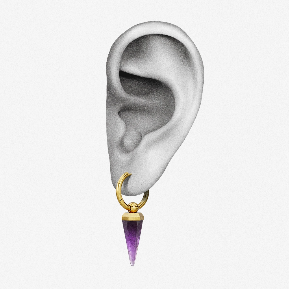 Gold-tone Crystal Prismatic hoop earring positioned on an illustrated earlobe to show its drop length