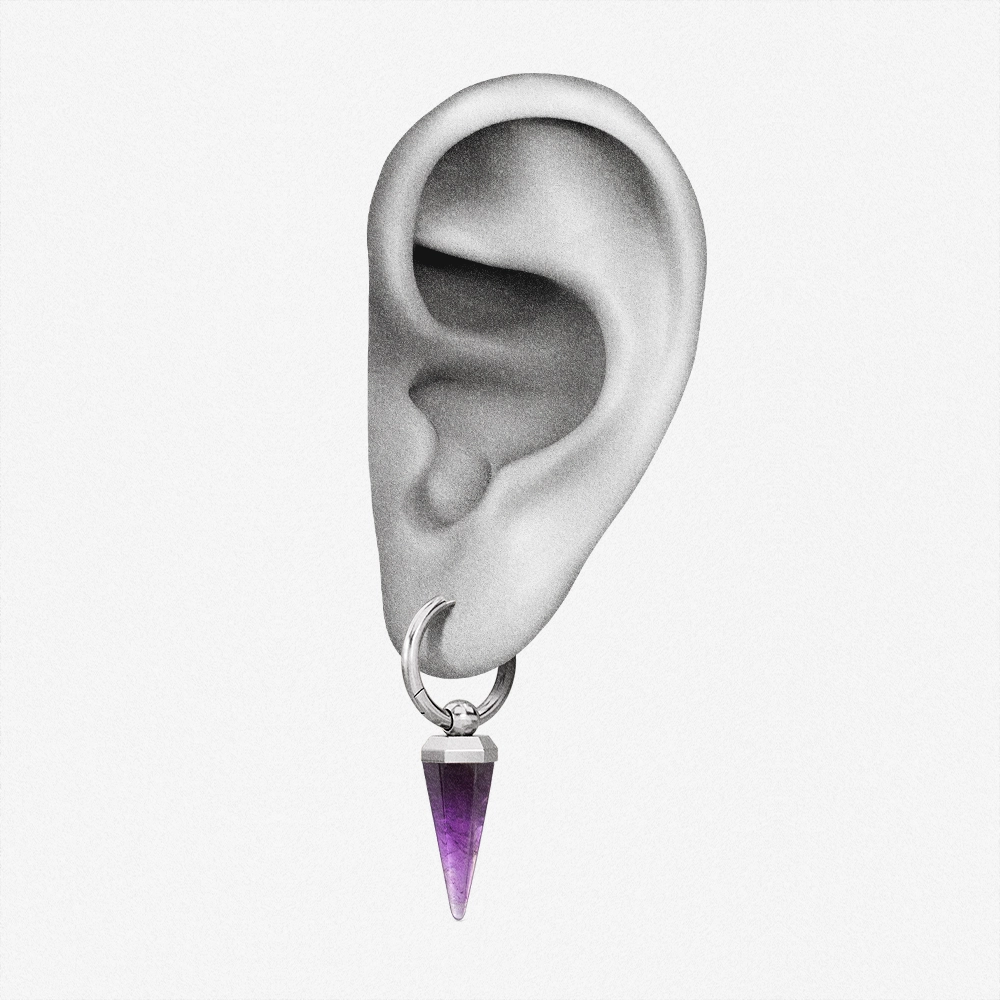 Silver-tone Crystal Prismatic hoop earring positioned on an illustrated earlobe to show its drop length