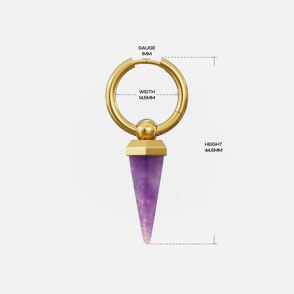 Gold-tone Crystal Prismatic hoop earring dimension guide showing hoop width, gauge, and pendant height