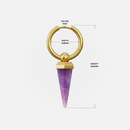 Gold-tone Crystal Prismatic hoop earring dimension guide showing hoop width, gauge, and pendant height