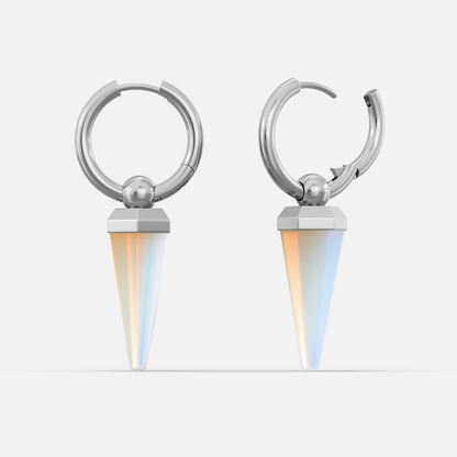 Pair of silver-tone Crystal Prismatic hoop earrings shown closed and open with iridescent crystal points