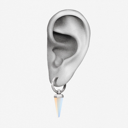 Silver-tone Crystal Prismatic hoop earring with an iridescent point positioned on an illustrated earlobe