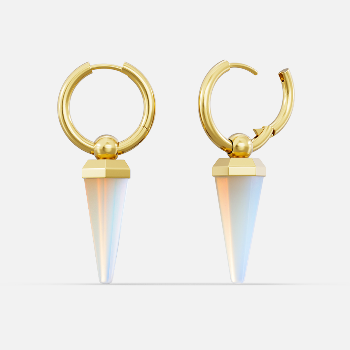 Pair of gold-tone Crystal Prismatic hoop earrings shown closed and open with iridescent crystal points