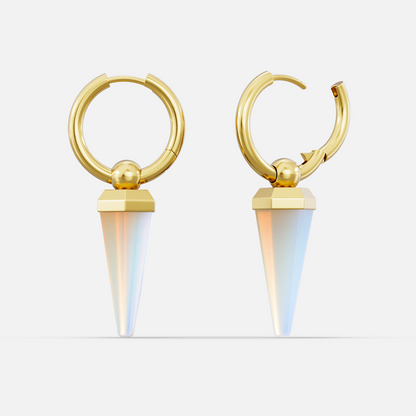 Pair of gold-tone Crystal Prismatic hoop earrings shown closed and open with iridescent crystal points
