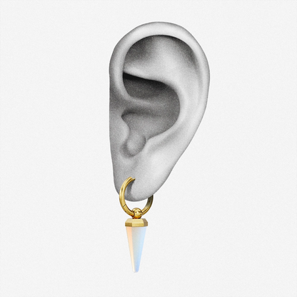 Gold-tone Crystal Prismatic hoop earring with an iridescent point positioned on an illustrated earlobe