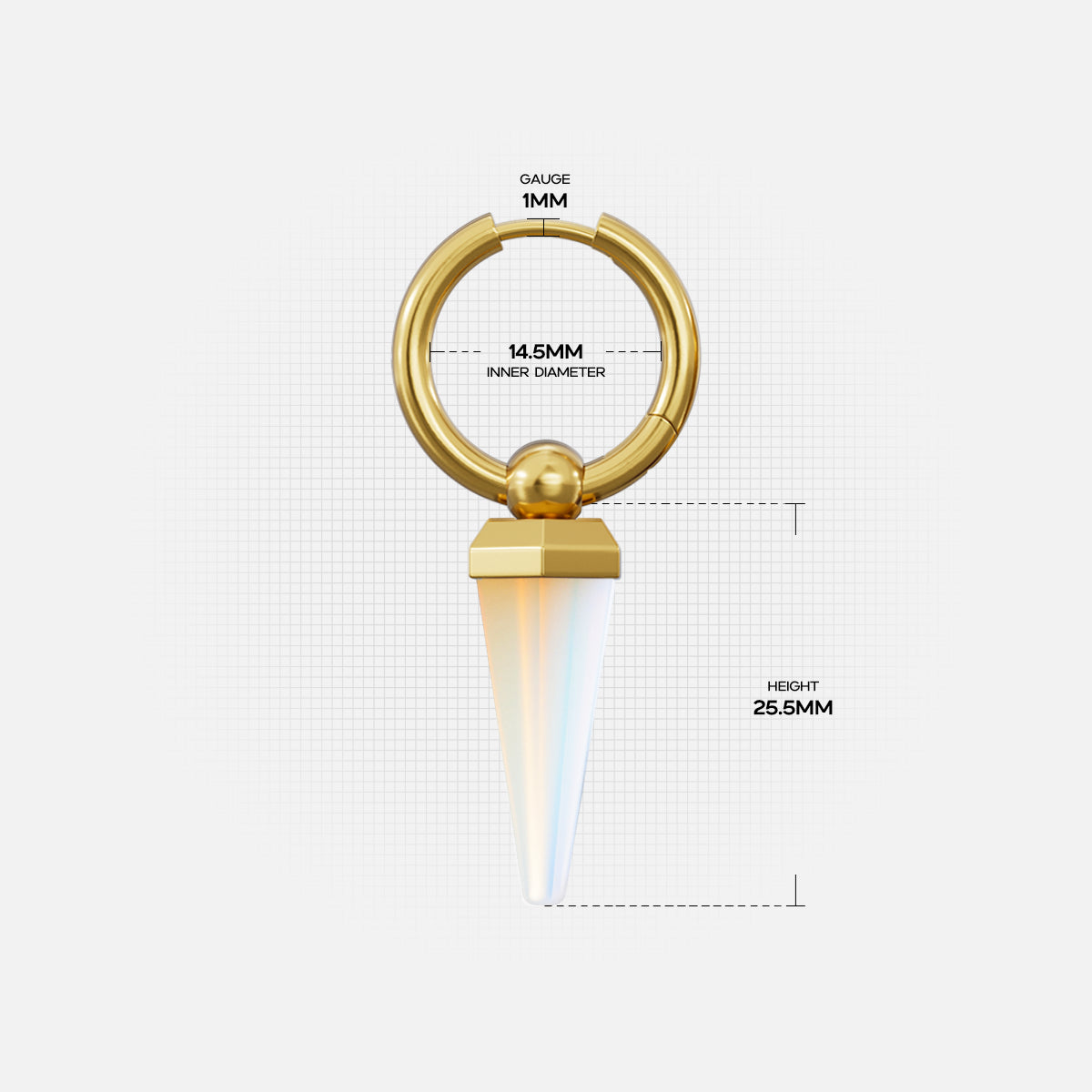 Gold-tone Crystal Prismatic hoop earring dimension guide showing hoop diameter, gauge, and pendant height