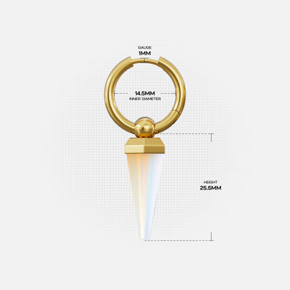 Gold-tone Crystal Prismatic hoop earring dimension guide showing hoop diameter, gauge, and pendant height