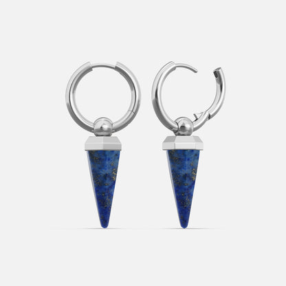 Silver-tone hoop earrings with blue crystal spike drops shown as a front-facing pair
