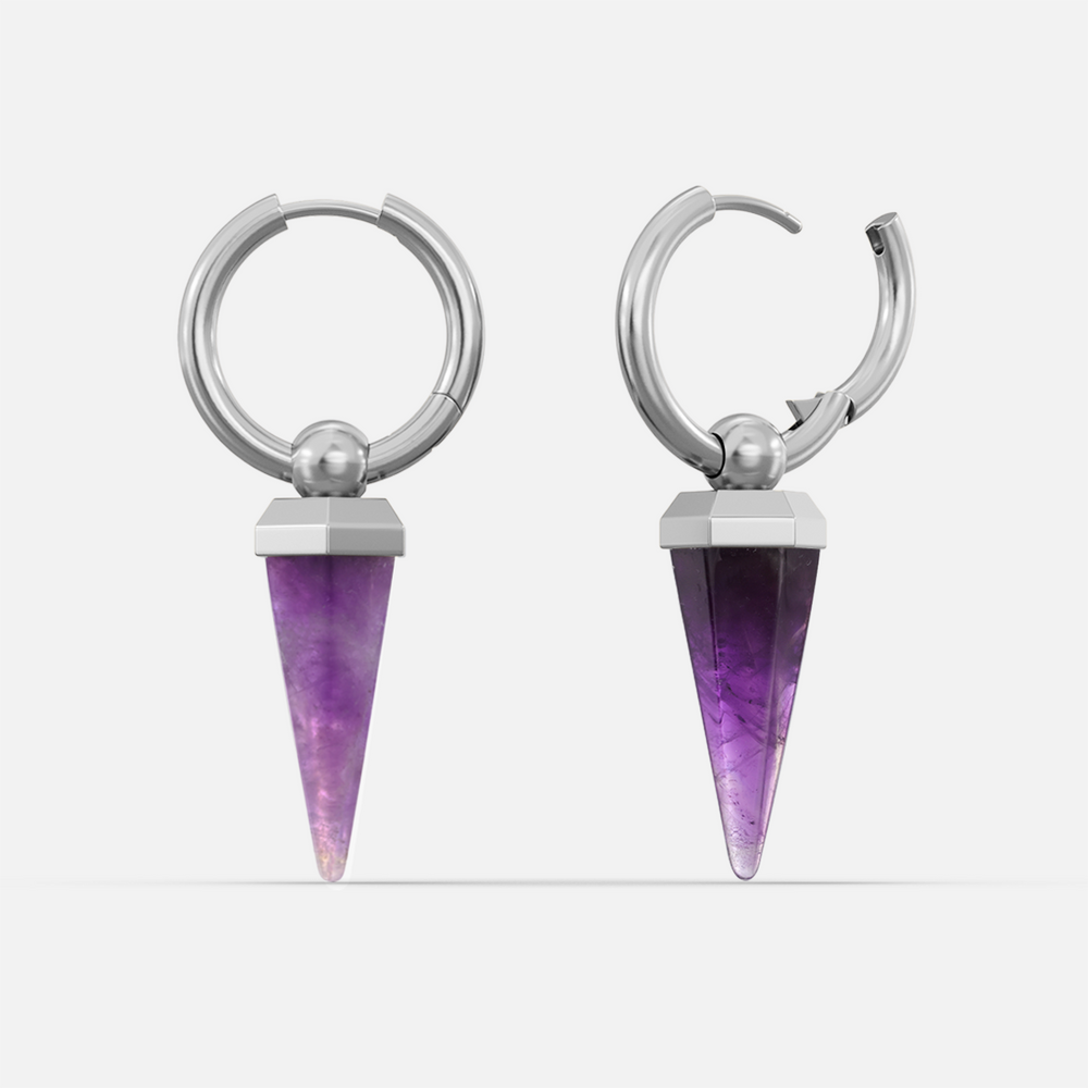 Silver-tone Crystal Prismatic hoop earrings with faceted purple prism drops