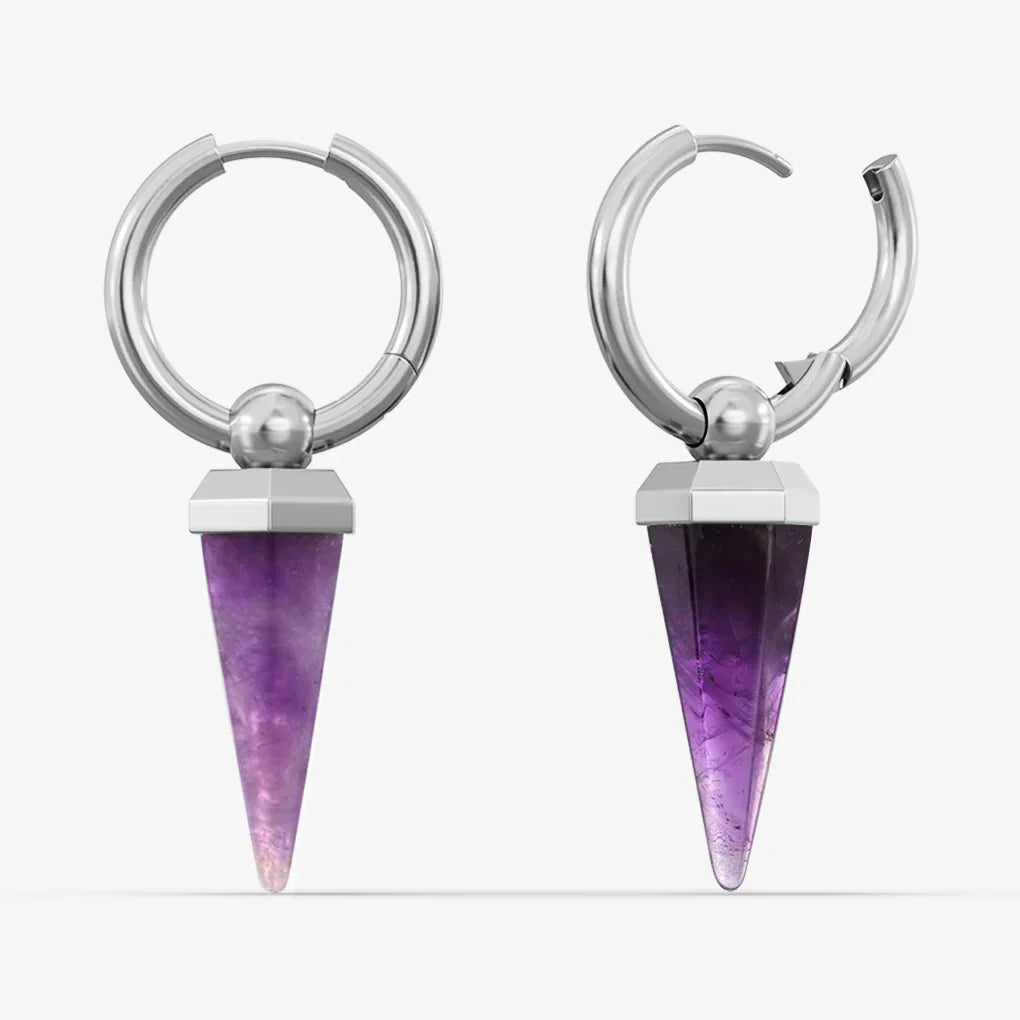 Silver-tone Crystal Prismatic hoop earrings with faceted purple prism drops