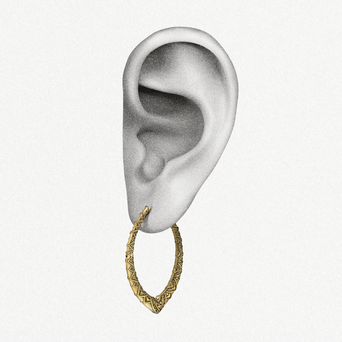 Illustrated ear displaying a gold-tone marquise hoop earring with engraved patterning