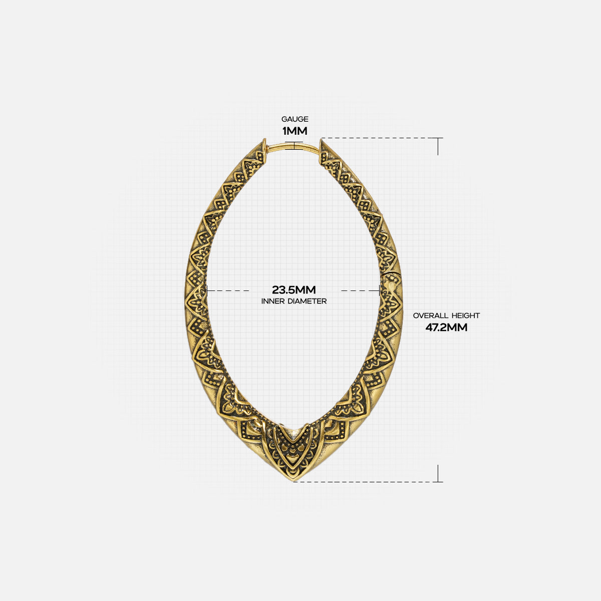 Gold Cultural Essence hoop earring with engraved geometric pattern and dimensions