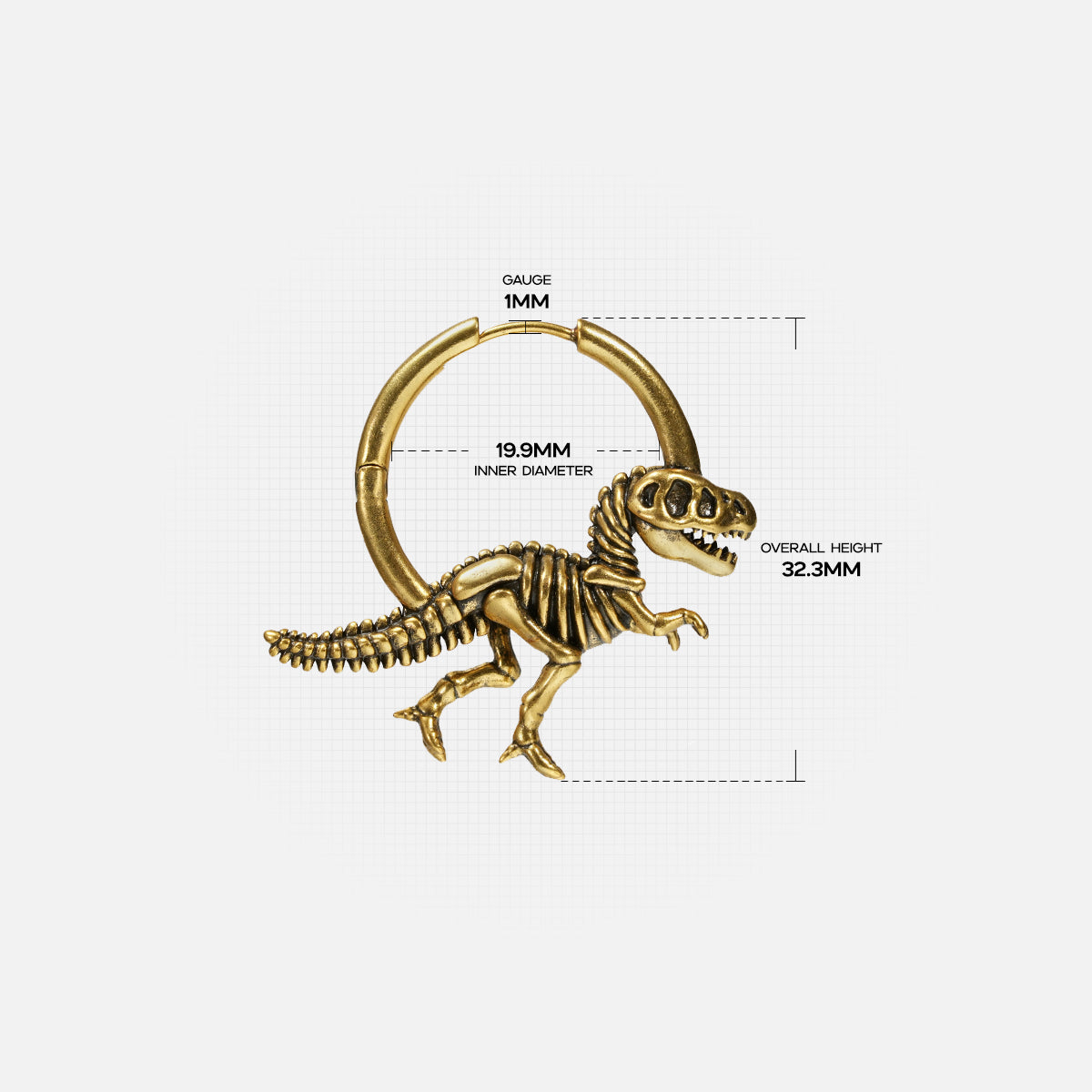 Gold Dinosaur Delight hoop earring with dinosaur skeleton pendant and dimensions