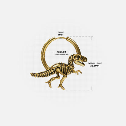 Gold Dinosaur Delight hoop earring with dinosaur skeleton pendant and dimensions