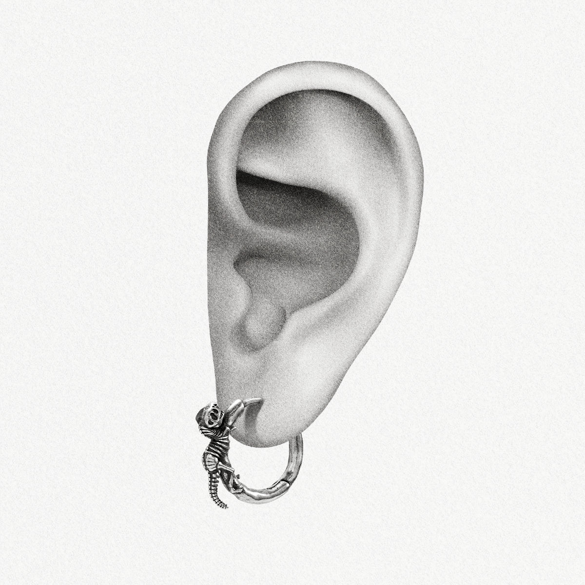 Silver Dinosaur Legacy hoop earring shown on an ear illustration
