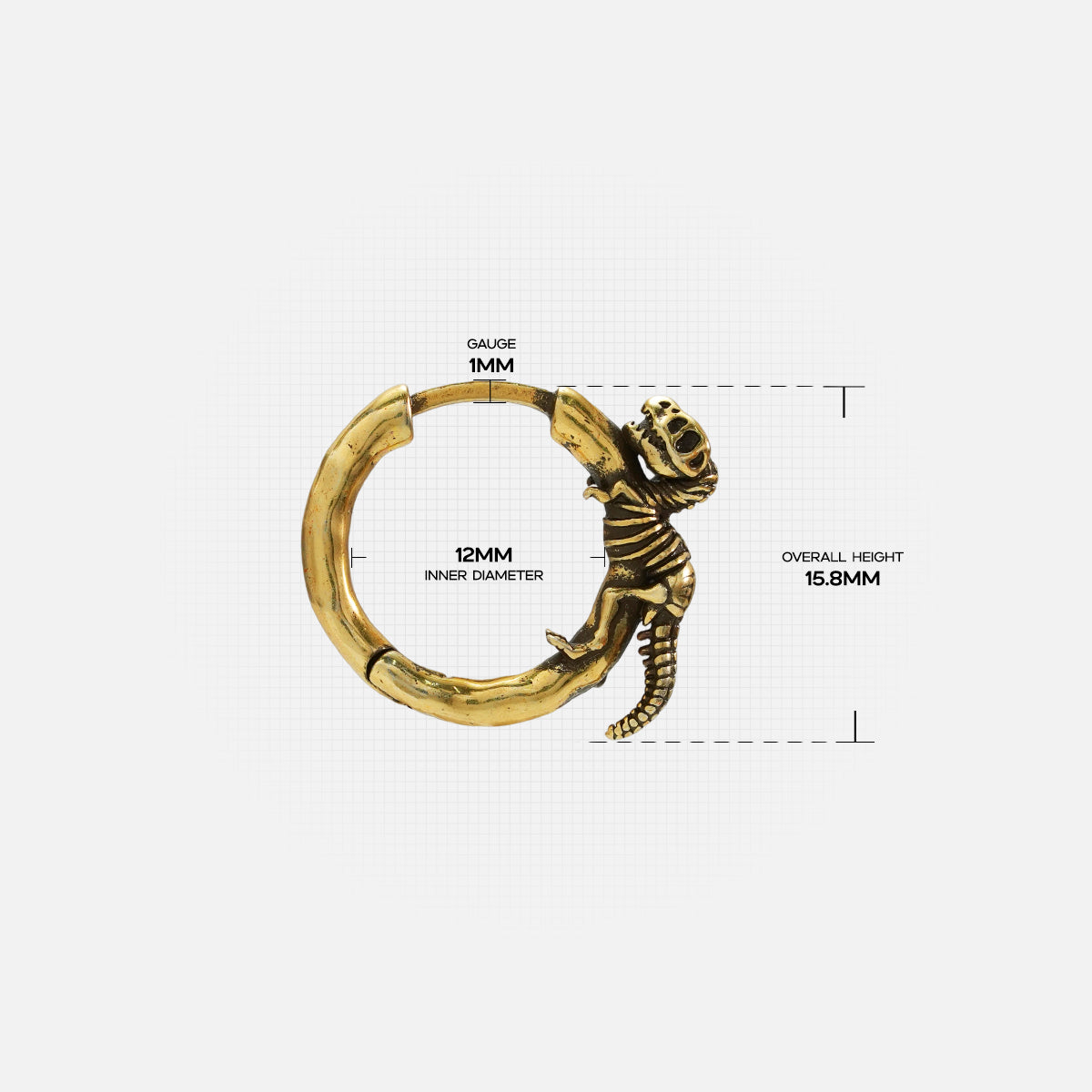 Gold Dinosaur Legacy hoop earring with dinosaur skeleton motif and dimensions