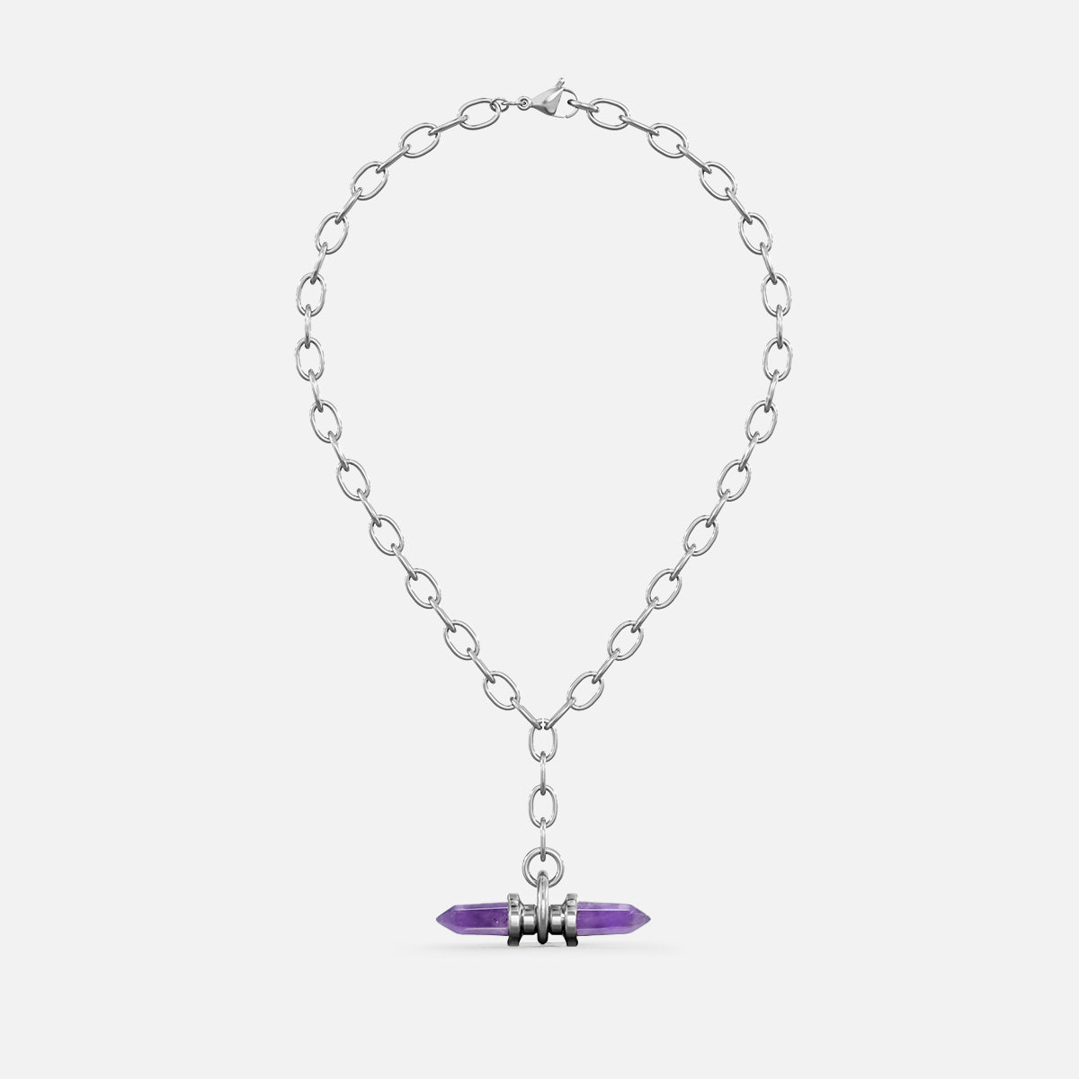 Silver-tone chain necklace with a purple crystal prism pendant wrapped in metal rings, shown flat against a plain background