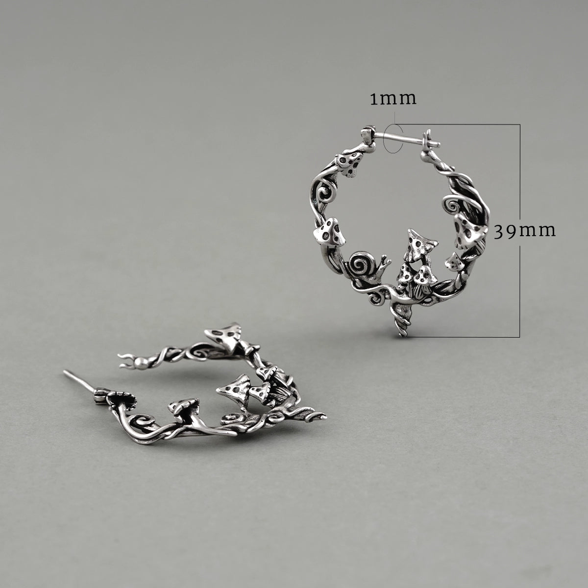 Enchanted Forest Whimsy hoop earrings shown upright and lying flat with measurements