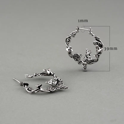 Enchanted Forest Whimsy hoop earrings shown upright and lying flat with measurements
