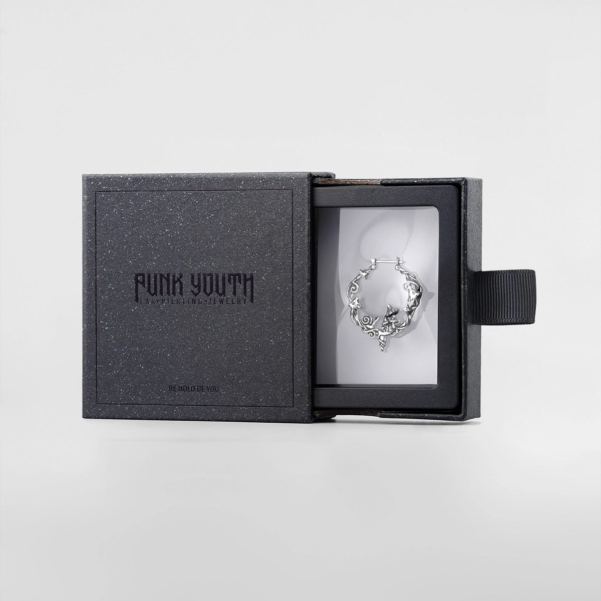 Silver Enchanted Forest Whimsy hoop earrings presented in a black jewelry box
