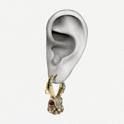 Gold Enchanted Jackalope hoop earring shown on an ear illustration
